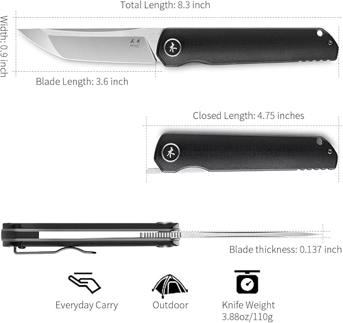 Miki Folding Knife, G10 Handle, EDC Knife with D2 Steel Blade, Pocket Samurai for Camping, Outdoor, Fishing and Everyday Carry