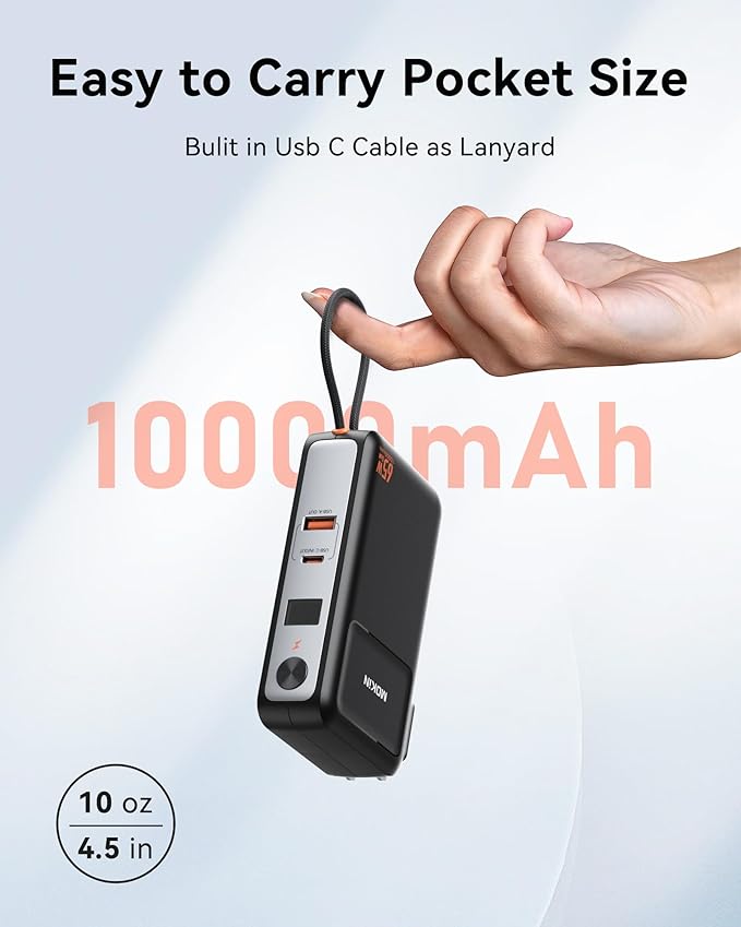 Portable Charger 3 in 1, 10000mAh Power Bank Built in Cable and AC Wall Plug 65W, Phone Battery Pack Fast Charging 35W Max, USB C Travel Chargers for iPhone 16 15 Series, Samsung, MacBook, Laptop