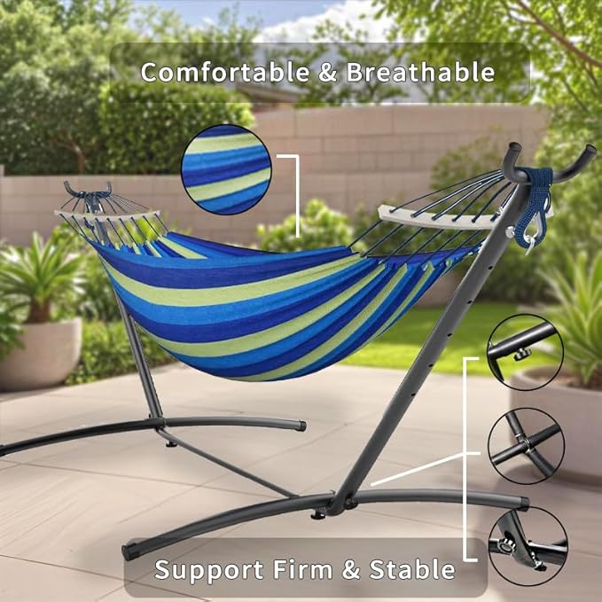 Double Hammock with Stand, 2 Person Hammock with Carrying Bag,Heavy Duty Portable,500 lb Capacity, Perfect for Both Indoors and Outdoors,Ocean Breeze