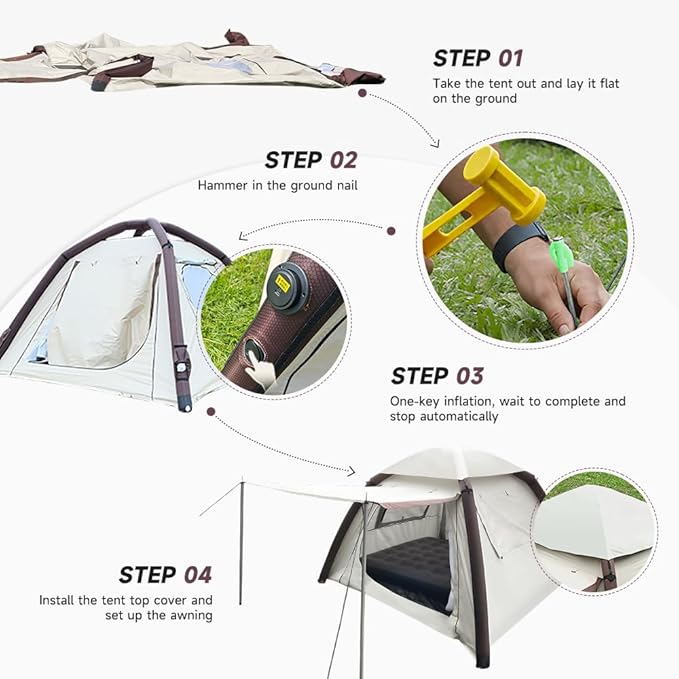 Cow-HQUS Camping Tents 4 Person, Pop Up Tents for Camping, Family Auto-Inflating Instant Pop Up Folding House with Screen Porch, Dome Large Inflatable Tents for Camping/Hiking/Beach(Solar Tent)