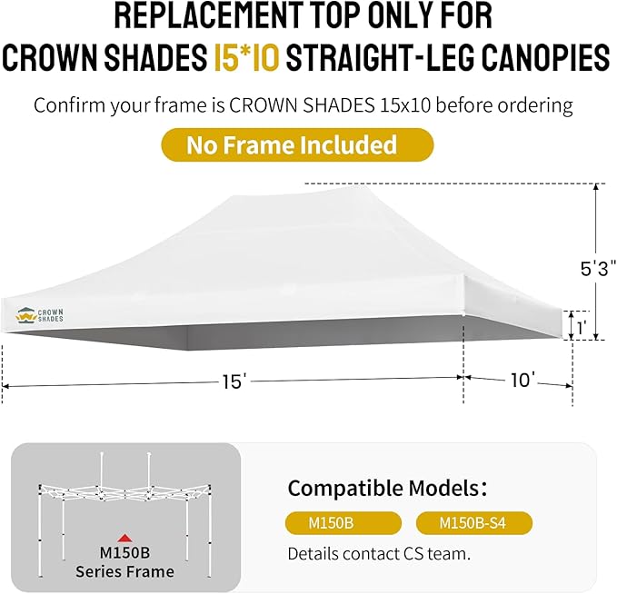 CROWN SHADES 10x15 Canopy Replacement Top - Only Compatible with Crown Shades M150B Series, Canopy Top Cover with Air Vent, White (Top Only)