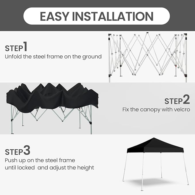 10x10 Pop Up Canopy, 300D Silver Coated Black Fabric Outdoor Gazebo, Beach Tent Slant Legs with Storage Bag,Easy Up Sun Shade Shelter Tents with 8x8 Top Cover for Patio,Party