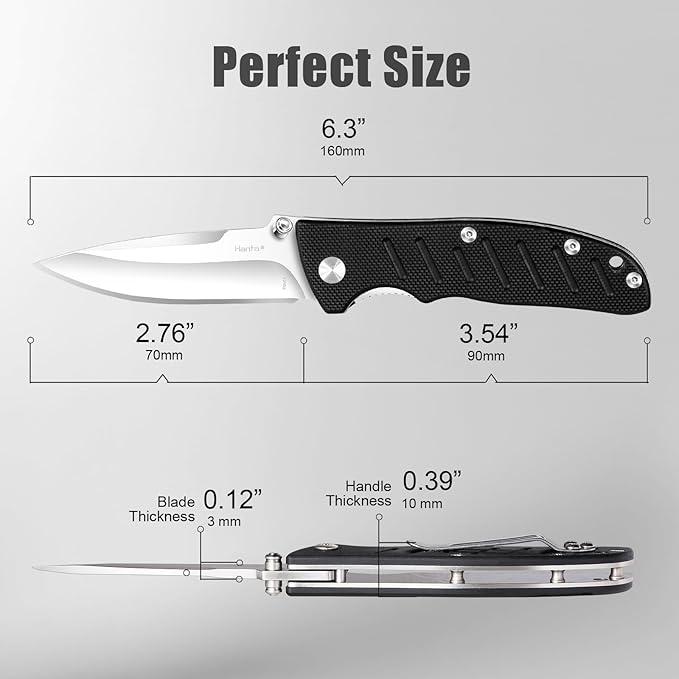 Harita Pocket Knife Folding EDC Knife with Belt Clip, 2.76 inch 8Cr13MoV Straight Edge Blade, G10 Handle, Foldable Knife for Camping Finshing Hunting Survival for Men Women Black