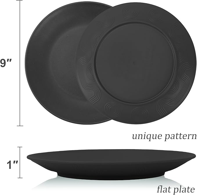 Wheat Straw Dinner Plates 9 Inch Unbreakable Set of 8 - Dishwasher & Microwave Safe Plastic Plates Reusable - Lightweight Plates for Kitchen,Camping,Apartment,Dorm,RV,Party - Black to Grey