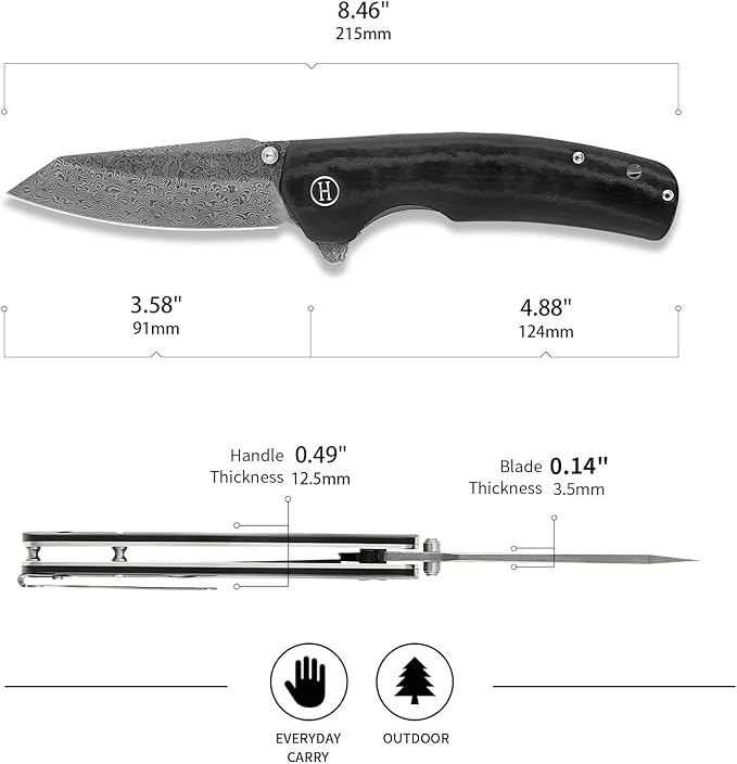 Holtzman's Gorilla Survival 'Clip Point' Folding Knife featuring D2 Steel Blade with G10 Tactical Handle in Gift Box Set (Damascus)