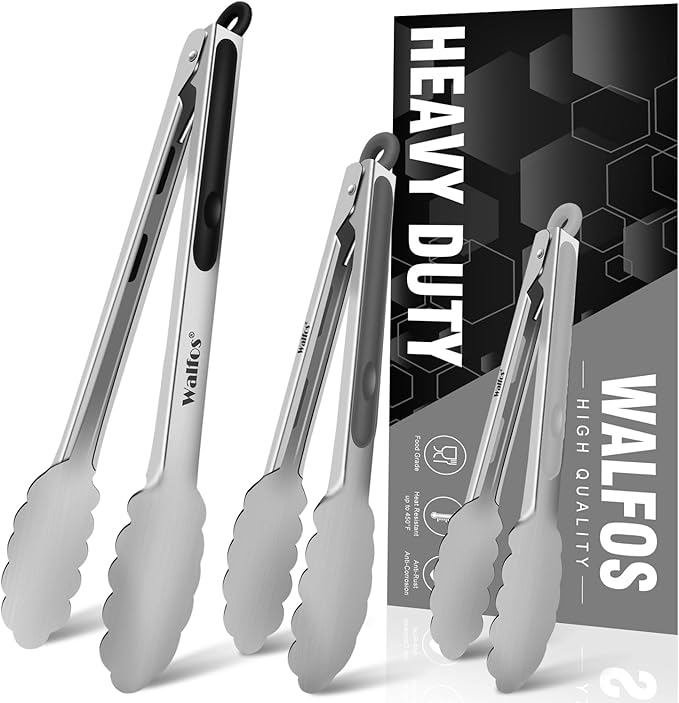 Walfos Stainless Steel Kitchen Tongs for Cooking- 7 ,9 and 12 Inch, Food Grade Metal Tongs for Cooking, BBQ, Set of 3 Heavy Duty Locking Cooking Tongs Non-Slip Grip