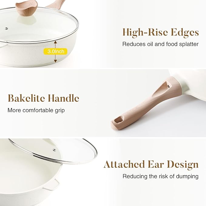 Nonstick Ceramic Deep Frying Pan, 11 Inch Non Toxic Skillet with Lid, Healthy Jumbo Cooker, Saute Pan for Cooking, Induction Cookware, PFOA & PFAS Free (Cream)