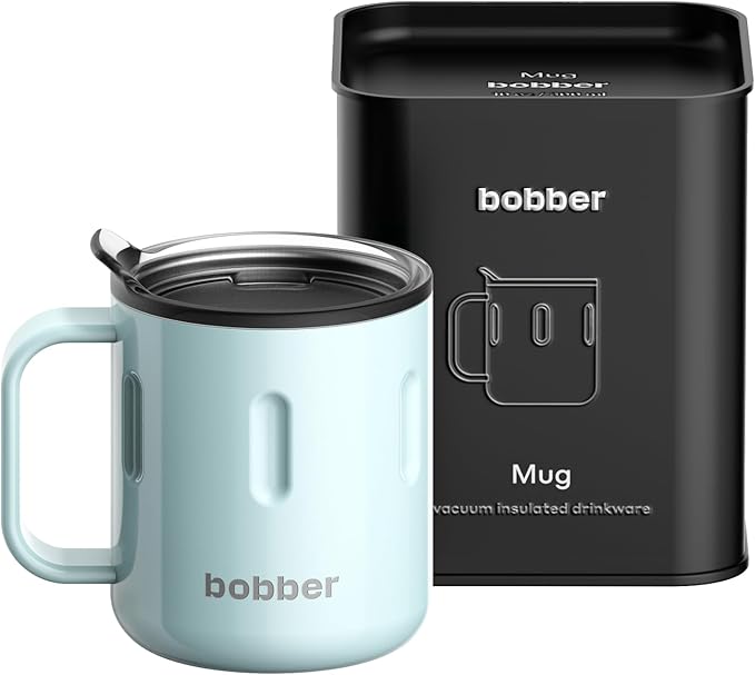 BOBBER 10 oz Insulated Coffee Mug with Wide Handle & Lid – Double Walled Stainless Steel Travel Tumbler for Women, Wife – Triple Walled Coffee Cup for Hot & Cold Drinks (Light Blue)