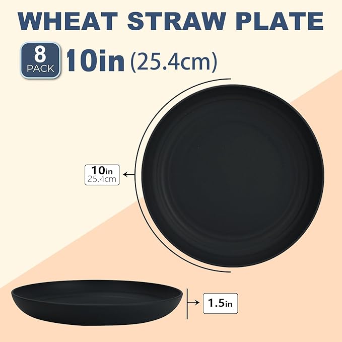 Wheat Straw Plates - 10 Inch Unbreakable Dinner Plates Set of 8 - Dishwasher & Microwave Safe Plastic Plates Reusable - Lightweight Plate for kitchen,camping (Pure Black)