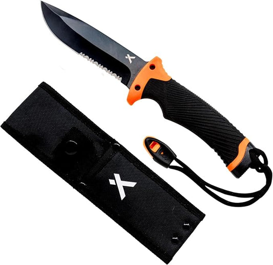 Ultimate Knife - Fixed Blade Knife, Full Tang with Serrated Edge, Fire Striking Edge, and Emergency Whistle, Includes Sheath - 4.75” Blade, Stainless Steel Blade, Black