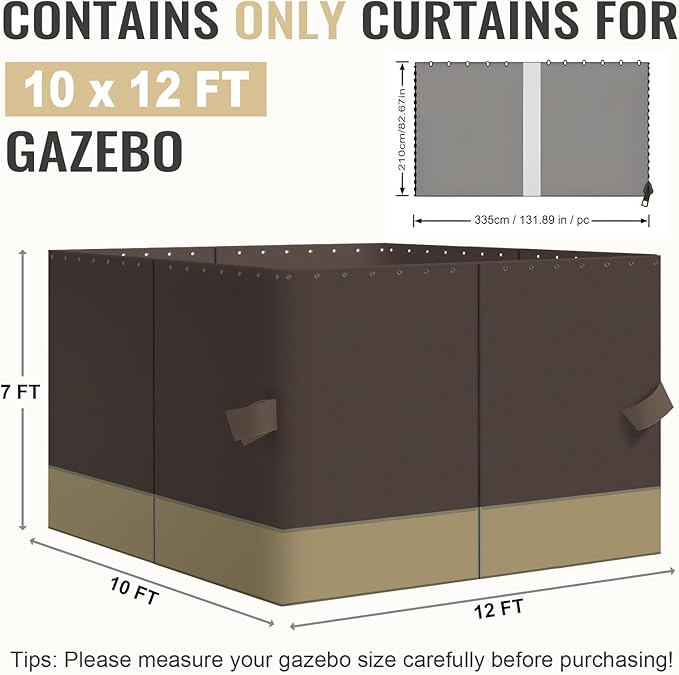COWVIE 4-Panel 10' x 12' Gazebo Replacement Curtains, Patio Privacy Sidewalls with Double Zipper, Replacement for Outdoor Gazebo Canopy (Curtain Only)