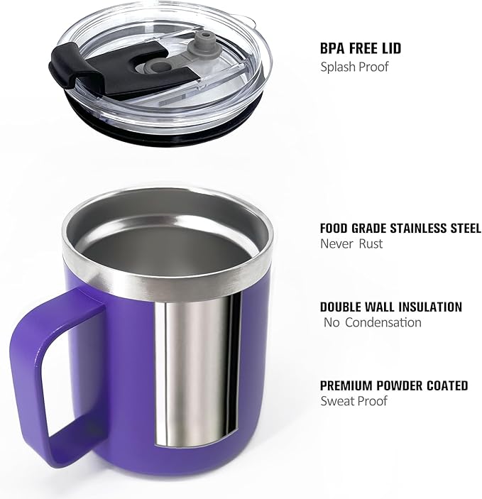 8pack 12oz Coffee Mug With Handle Bulk, Stainless Steel Insulated Travel Tumblers With,Double Wall Vacuum Camping Cup for Hot & Cold Drinks Tea (purple)