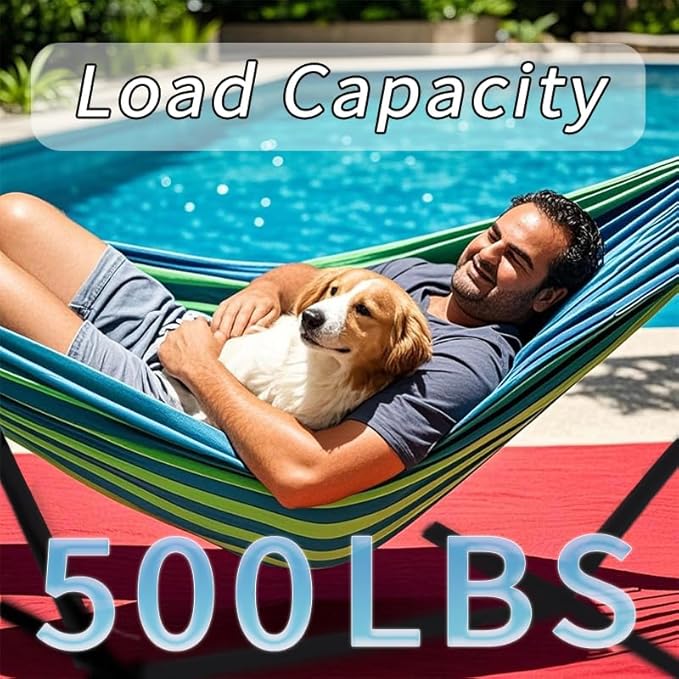 Double Hammock with Stand, 2 Person Hammock with Carrying Bag,Heavy Duty Portable,500 lb Capacity, Perfect for Both Indoors and Outdoors,Ocean Breeze