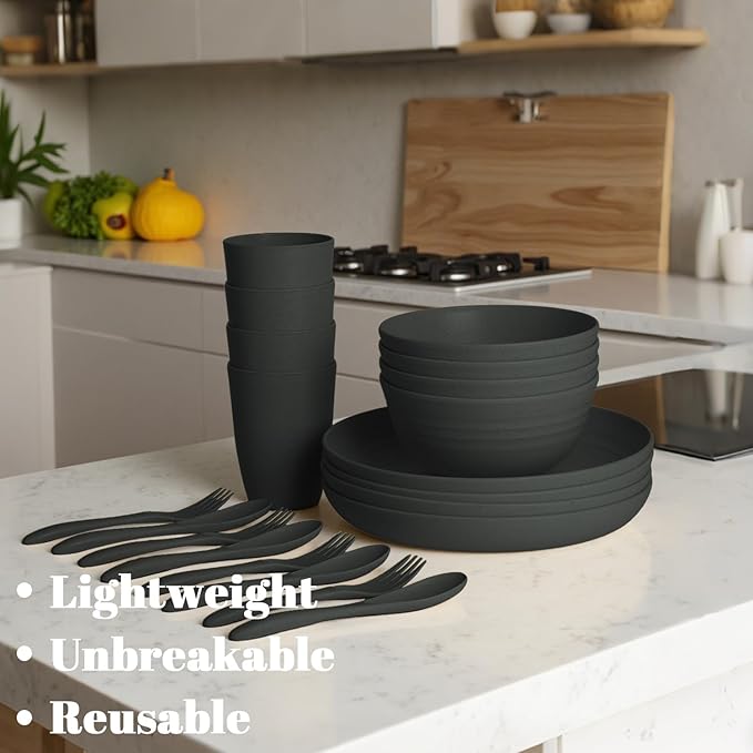 Wheat Straw Dinnerware Sets for 4, Unbreakable Kids Plates and Bowls Sets 20 PCS, Alternatives Reusable Plastic Dinnerware Set, Microwave Safe Kitchen Dish Set for Dorm, Camping (Black)