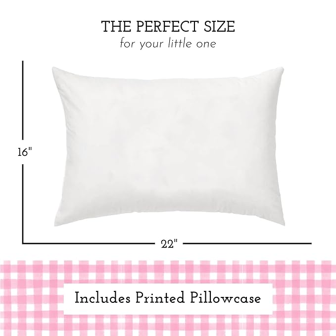 Little Sleepy Head Youth Pillow & Case 16x22 - Soft Jumbo Toddler Pillow, Hypoallergenic & Perfect Kids Travel Pillow (Gingham Pink)