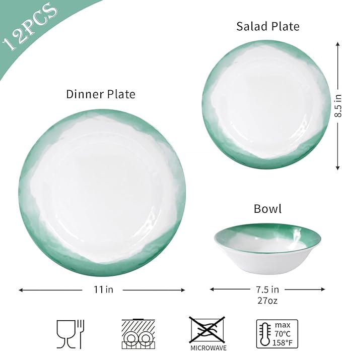 Melamine Dinnerware Sets, 12pcs Plates and Bowls Set, service for 4, Dishwasher Safe, Indoor and Outdoor Use, Green Melamine dishes