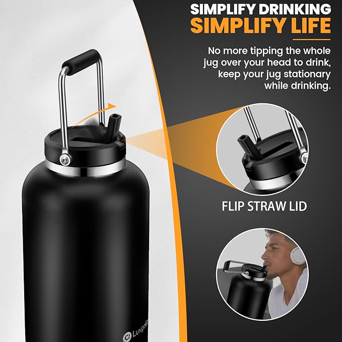 128 oz Insulated Water Jug with Straw Lid and Handle, One Gallon Stainless Steel Double Vacuum Water Bottle for Hot & Cold Drinks - Sweat Proof, Great for Travel, Hiking, Camping - Dark Blue