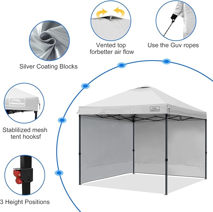 KAMPKEEPER 10x10 Pop Up Canopy Tent with 2 Sidewalls, Beach Tent - Easy Outdoor Sun Shade for Events, Parties, Camping - Gazebo with 4 Weight Bags & Carry Bag.(White)