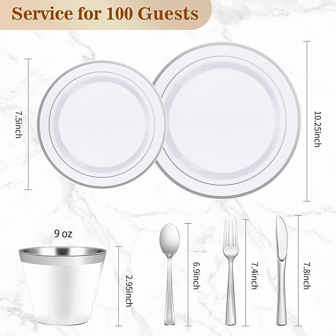 600PCS Silver Dinnerware Set for 100 Guests, Plastic Plates for Party, 100 Silver Disposable Plates, 100 Dessert Plates, 100 Cups, 100 Spoons, 100 Forks and 100 Knives