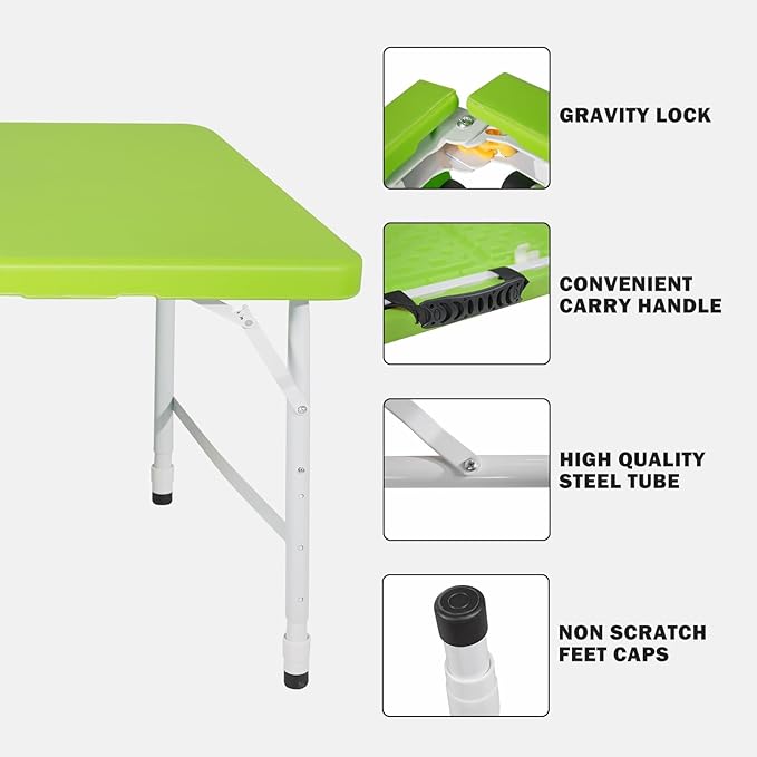 4 FT Folding Table with Carry Handle, Portable Fold-in-Half Plastic Table, Rectangle Foldable Table for Indoor/Outdoor Green
