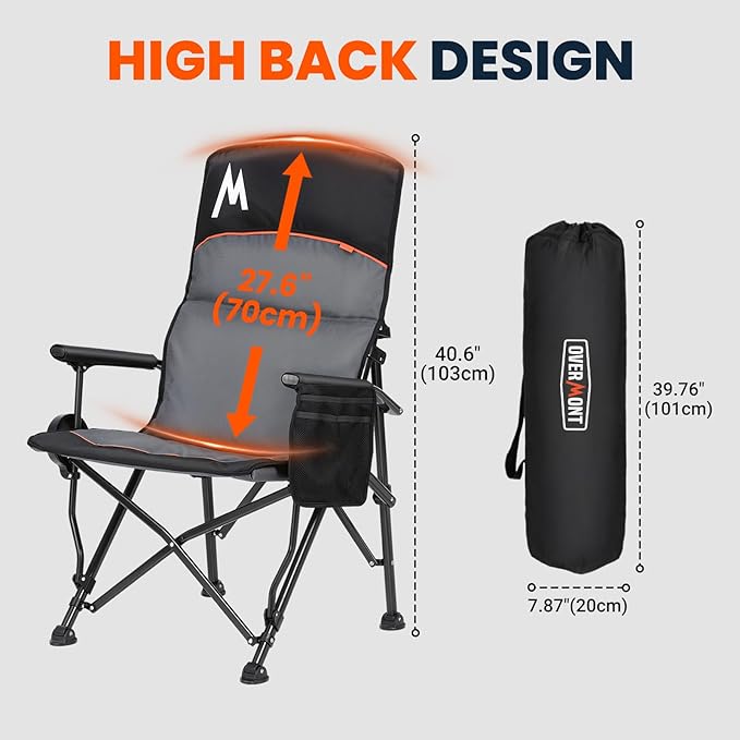 Overmont Back Support Camping Chair for Adults - Oversized with Adjustable High Backrest - Heavy Duty Folding Chair Supports 450 LBS - Cup Holder & Side Pocket – Perfect for Outdoor, Lawn, Beach Use