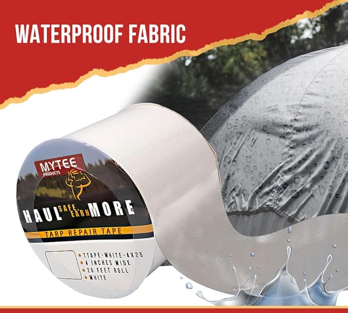 Mytee Products 8.8 oz Waterproof White Vinyl Tarp Repair Tape 4 Inch x 25 FT with Heavy Duty Adhesive Backing - Tarp Repair Kit