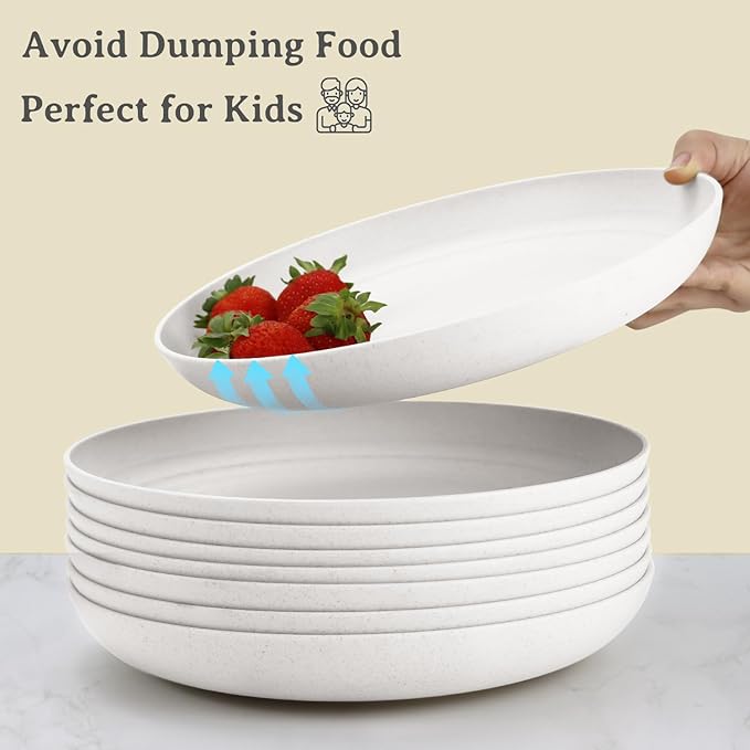 Wheat Straw Plates - 9 Inch Unbreakable Dinner Plates Set of 8 - Dishwasher & Microwave Safe Plastic Plates Reusable for Kitchen and Camping (white)