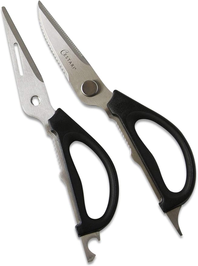 Kitchen Scissors: Heavy Duty Stainless Steel Utility Kitchen Shears for Poultry, Vegetables, Meat, Seafood, Herbs | Multi-Function Cooking Scissors with Large Black Soft Grip Handles by Cestari