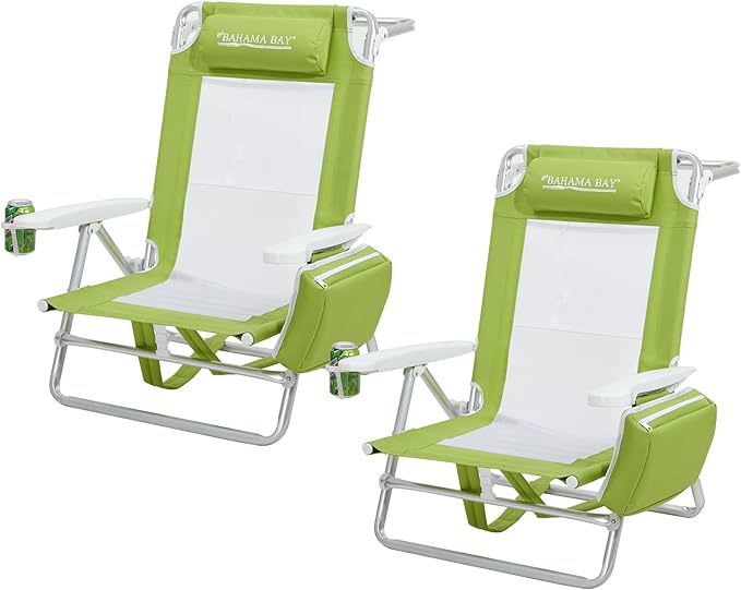 Reclining Beach Chair Backpack 5-Position Lay Flat Lounge Chair for Adults Heavy Duty Portable Folding Lightweight with Cooler Bag Camping Chair for Sand Outdoor