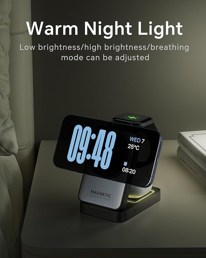 2025 Upgraded 3-in-1 Wireless Charger for iPhone,Travel Magnetic Charger Stand Nightlight Foldable Wireless Charging Station Compatible with Magsafe Charger&iPhone 16/15/14/13/12,Apple Watch&AirPods