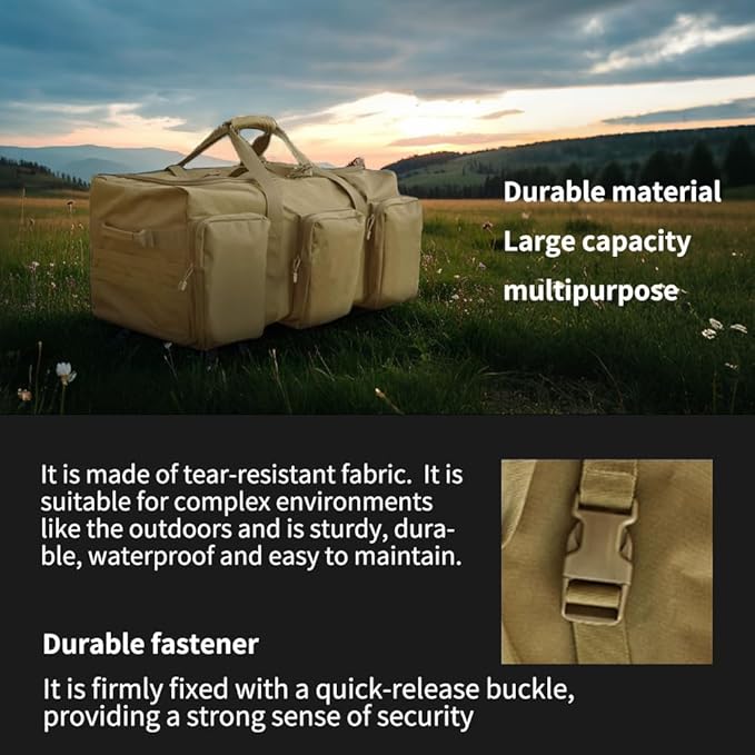 Large Military Travel Duffle Bag Tactical Camping Storage Utility Tote Bag Camping Kitchen Organizer with Deployment Cargo Bag Travel Sports Equipment (Khaki, Large 25.59"x13.78"x13.78")