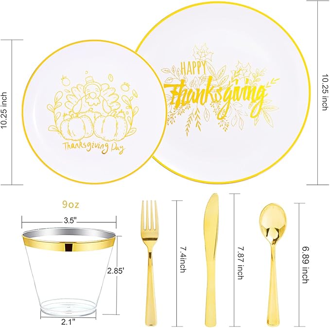 KIRE 25 Guests Gold Plastic Plates - Thanksgiving Plates with Turkey pattern & Gold Disposable Cutlery & Plastic Cups - Perfect for Thanksgiving, Halloween, Parties, Autumn Holiday