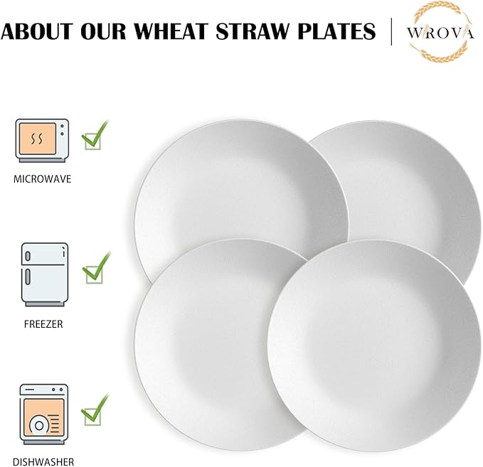 Wheat Straw Dinner Plates 10 Inch Unbreakable Set of 8 - Dishwasher & Microwave Safe Plastic Plates Reusable - Lightweight Plates for kitchen,camping,picnic,R.V. - White