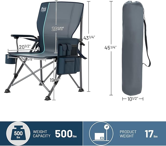Timber Ridge Oversized Folding Camping Chair with Lumbar Support Adjustable High Back Heavy Duty for Adults Support up to 500lbs with Cup Holder, Cooler Bag, Side Pocket, Blue