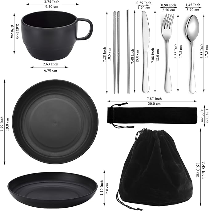 Camping Essentials Set, HOMQUEN Camping Plates and Bowls Set, Coffee Mug, Travel Cutlery Set Include Spoon, Fork, Knife for Work, Outdoor,Picnic, Camp (Black)