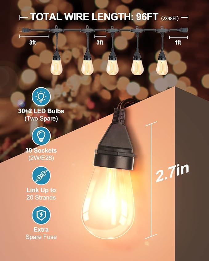 Lightdot 96FT Outdoor Led Patio Lights, Led String Lights with Shatterproof Edison Vitage Bulbs,2200K, Commercial Grade Hanging Light for Patio Cafe Bistro Backyard- ETL Listed