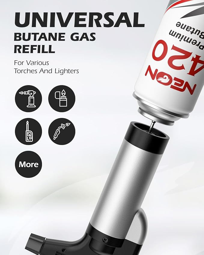 NEON Butane Refill 420ml, 11X Ultra Refined 0 Impurities Butane Fuel, Premium Universal Lighter Fluid with Metal Nozzle and 5 Butane Gas Refill Adapters for Refillable Lighters and Torches, 12 Cans