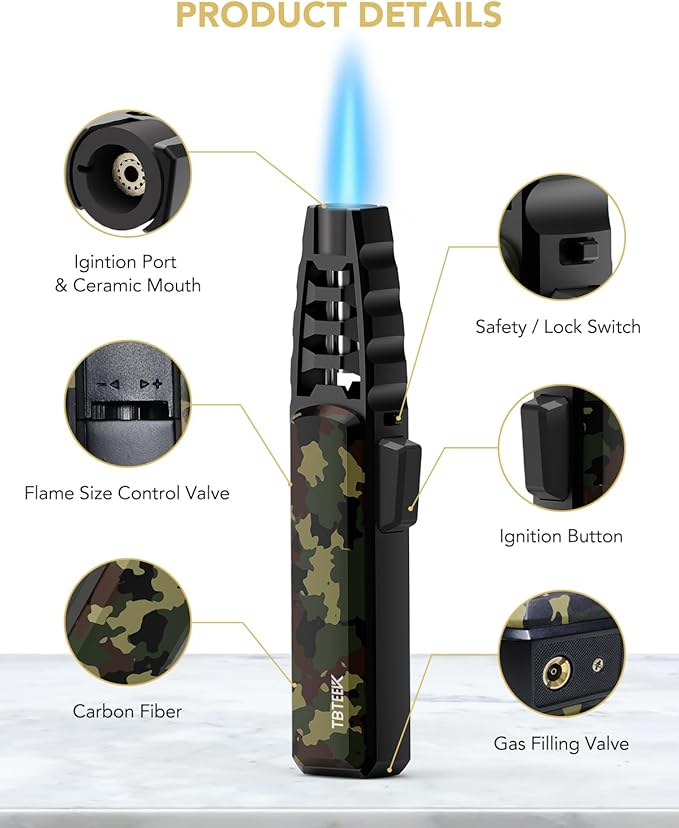 TBTeek Butane Torch Lighter - Adjustable Jet Flame Lighter, Blow Torch, Refillable Bright Fire Torch, Cooking Torch with Safety Lock for Kitchen, BBQ, Baking, Candle, Camping, Camo (Gas Not Included)