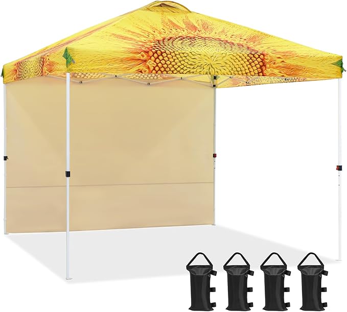 EAGLE PEAK Pop Up Canopy Tent with 1 Sidewall, Easy Setup Event Tent, Outdoor Sun Shade, Wheeled Carry Bag, Stakes and Guy Ropes, Instant Canopy 10x10, Sunflower