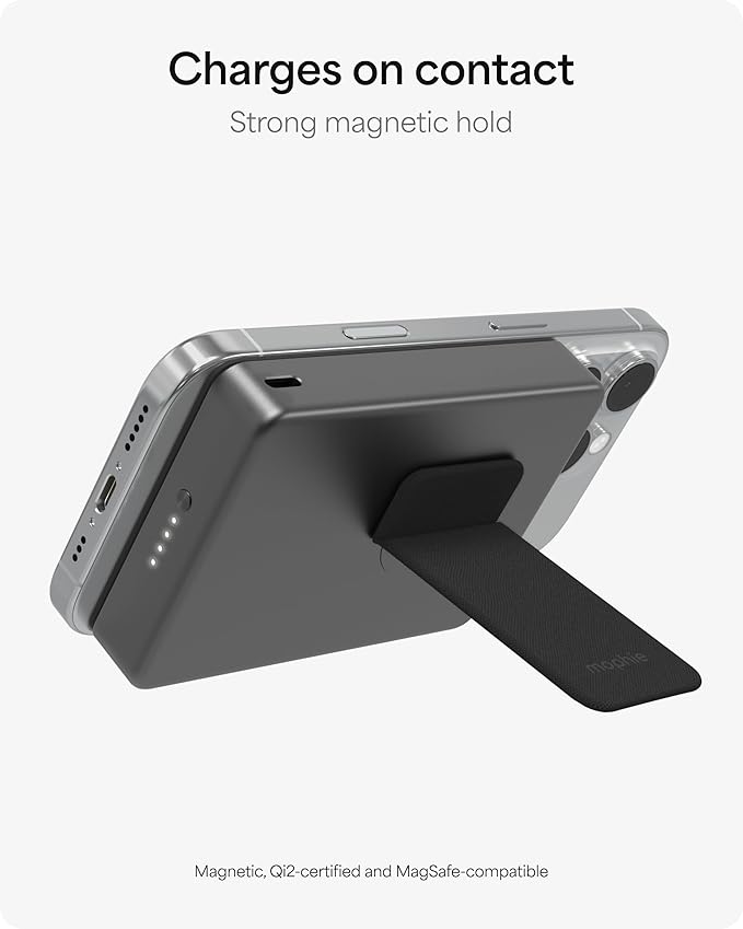 Mophie Powerstation Wireless with Stand 10,000mAh Power Bank – MagSafe Compatible, 15W Qi2-Certified, 30W USB-C PD Fast Charging, Slim Battery Pack for iPhone, Android, Travel & Airplane Use