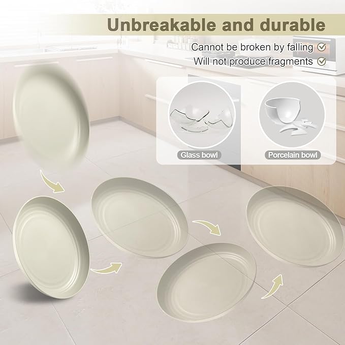 12 Pcs Unbreakable Deep Dinner Plates Set, 9 inch Reusable Plastic Wheat Straw Plates, Microwave and Dishwasher Safe Plate for Kitchen, Lightweight Plate for Dessert, BPA Free, 4 Colors
