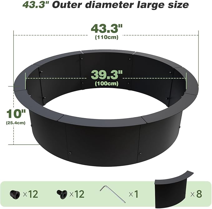 Fire Pit Outdoor Wood Burning Fire Pit Liner 43.3 Inch Camping Fire Ring Painted Steel Firepit Heavy Duty Campfire Ring Above or In-Ground for Bonfire Outdoor Backyard