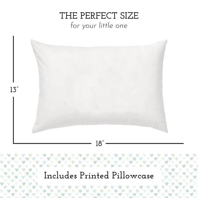 Little Sleepy Head Toddler Pillow with Pillowcase 13x18 - Kids Pillow for Sleeping - Better Neck Support Ergonomic Pillow and Toddler Pillowcase - Best Pillows for Kids (Hearts Sage)