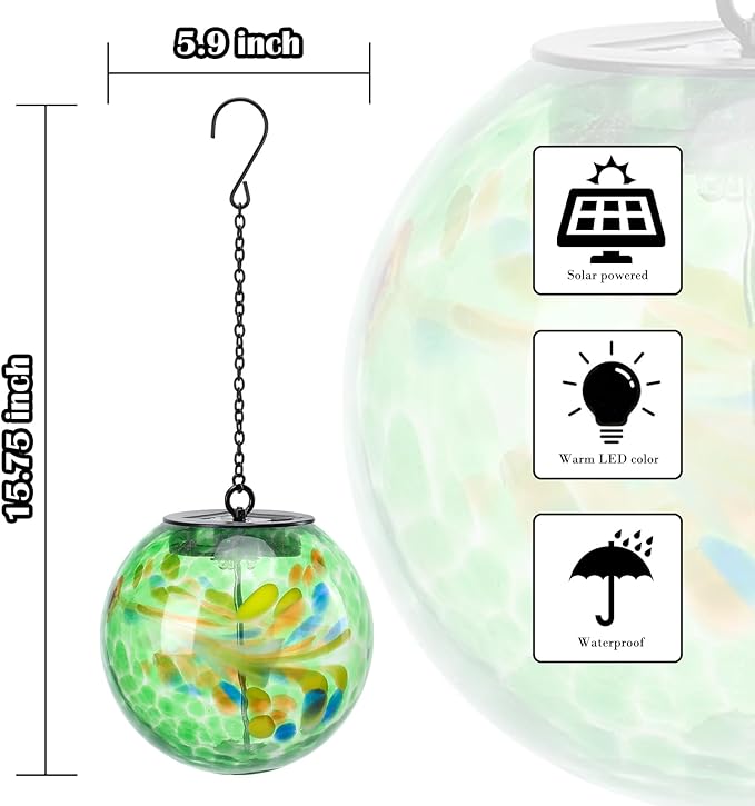 Solar Hanging Lanterns Outdoor Solar Glaze Glass Lantern Globe Hanging Outdoor Lights for Garden Yard Home Decoration Green