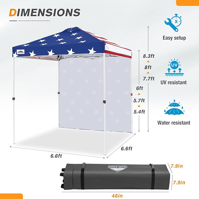 EAGLE PEAK Pop Up Canopy Tent with 1 Sidewall, Easy Setup Event Tent, Outdoor Sun Shade, Wheeled Carry Bag, Stakes and Guy Ropes, Instant Canopy 6.6x6.6, American Flag