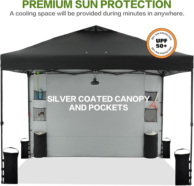 10'x10' Pop Up Canopy Tent with 1 Sidewall and 6 Pockets, One Push Setup, Instant Shade Tent with Vented Roof for Beach Patio Outdoor, Case, 8 Stakes, 4 Ropes, 4 Sandbags (Black, 10x10)