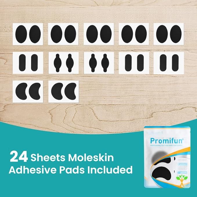 Moleskin Strips with Adhesive Blister Prevention Pads Mole Skin Tape Stickers for Feet Heel Shoes Padding-24 Sheets of 4 Shapes,Black