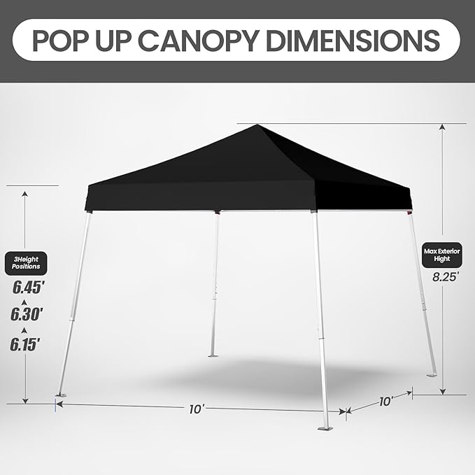 10x10 Pop Up Canopy, 300D Silver Coated Black Fabric Outdoor Gazebo, Beach Tent Slant Legs with Storage Bag,Easy Up Sun Shade Shelter Tents with 8x8 Top Cover for Patio,Party