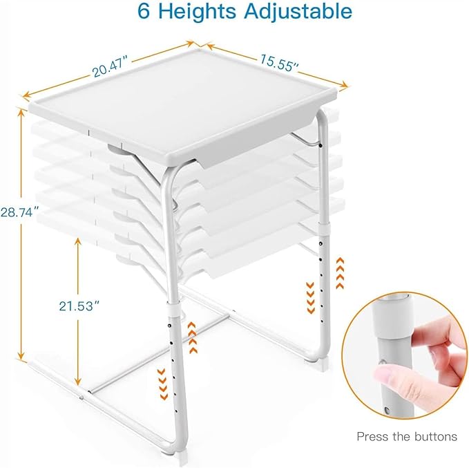 Adjustable TV Tray Table - TV Dinner Tray on Bed & Sofa, Comfortable Folding Table with 6 Height & 3 Tilt Angle Adjustments (White)