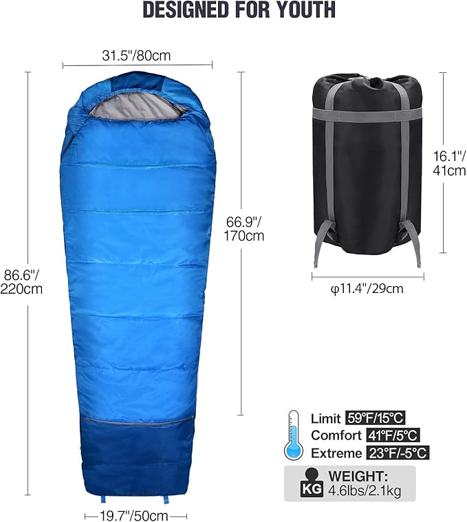 REDCAMP Kids Mummy Sleeping Bag for Camping, 3 Season Cold Weather Sleeping Bag Fit Boys,Girls & Teens, Blue/Rose Red